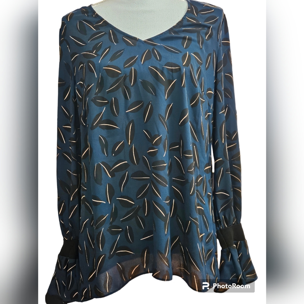 CAbi Blue and Black Leaf Print Blouse